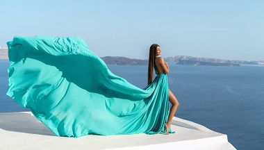 Tiffany Blue Flying Dress Photoshoot in Santorini, Greece