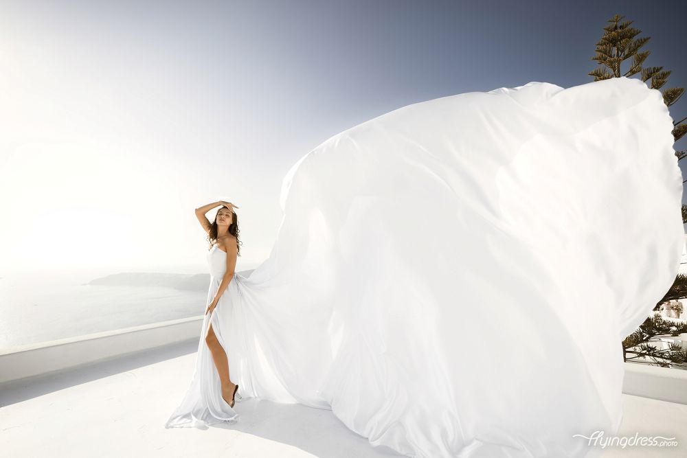 Santorini dress photoshoot with a white corset wedding dress