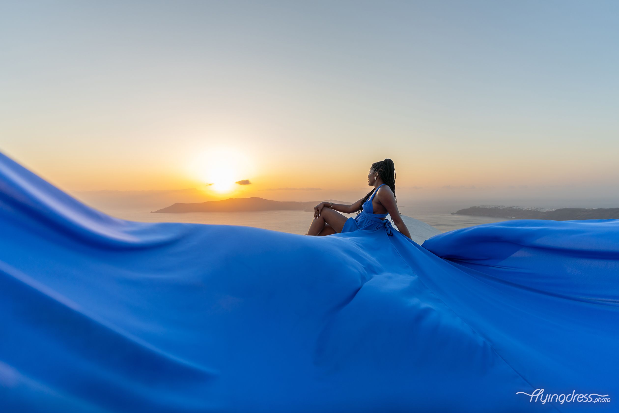 Blue flying dress sunset photoshoot.