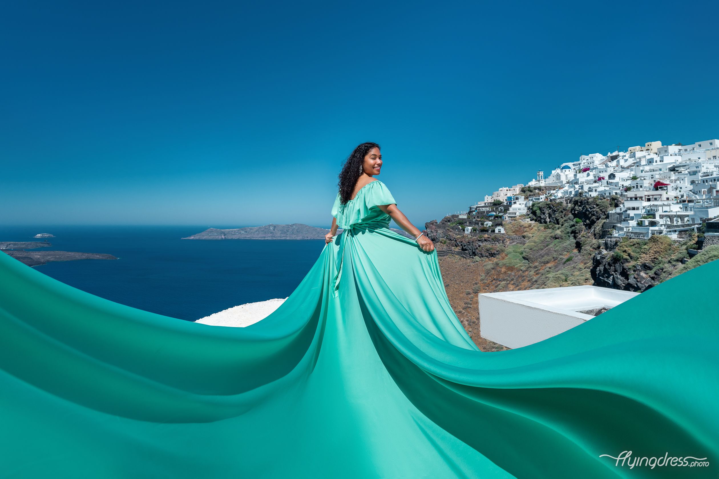 Santorini flying dress black girl photoshoot