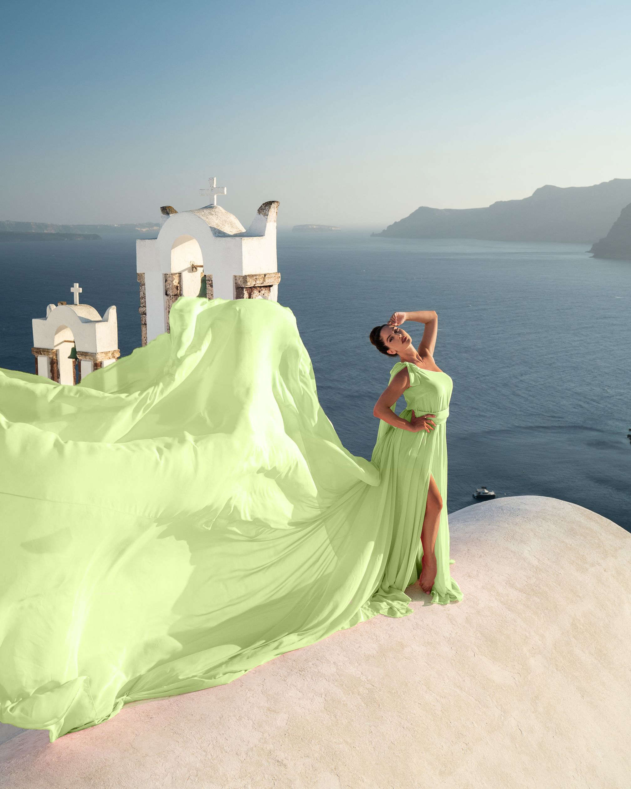 Santorini flying dress photoshoot in Oia village with Natalia Barulich