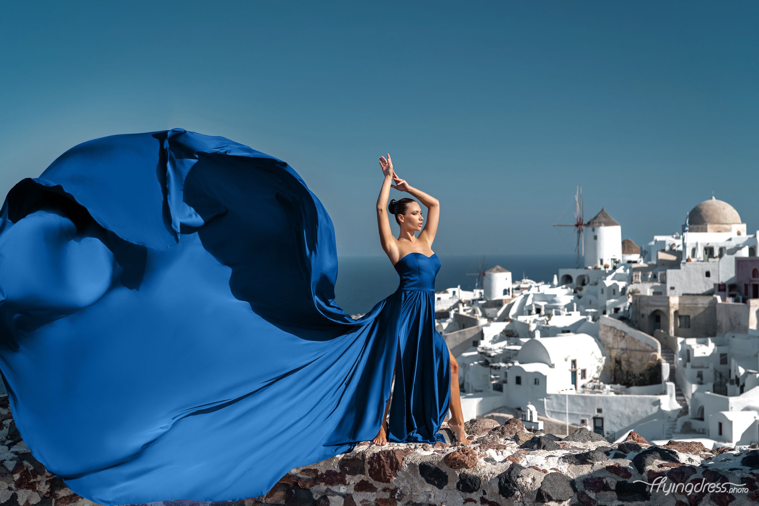 Flying Santorini Dress Photoshoot in Oia
