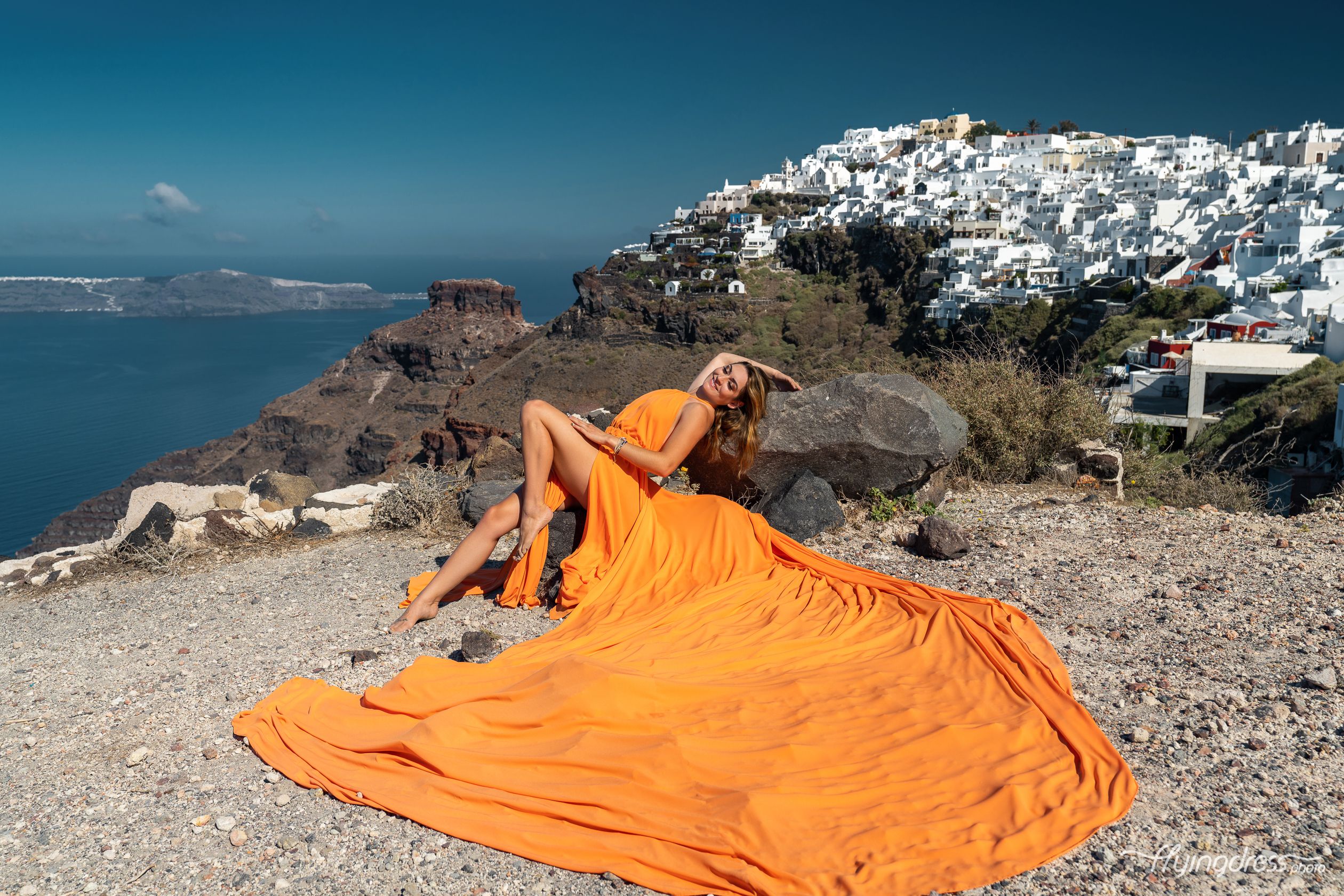 Orange Santorini Dress photoshoot in Imerovigli