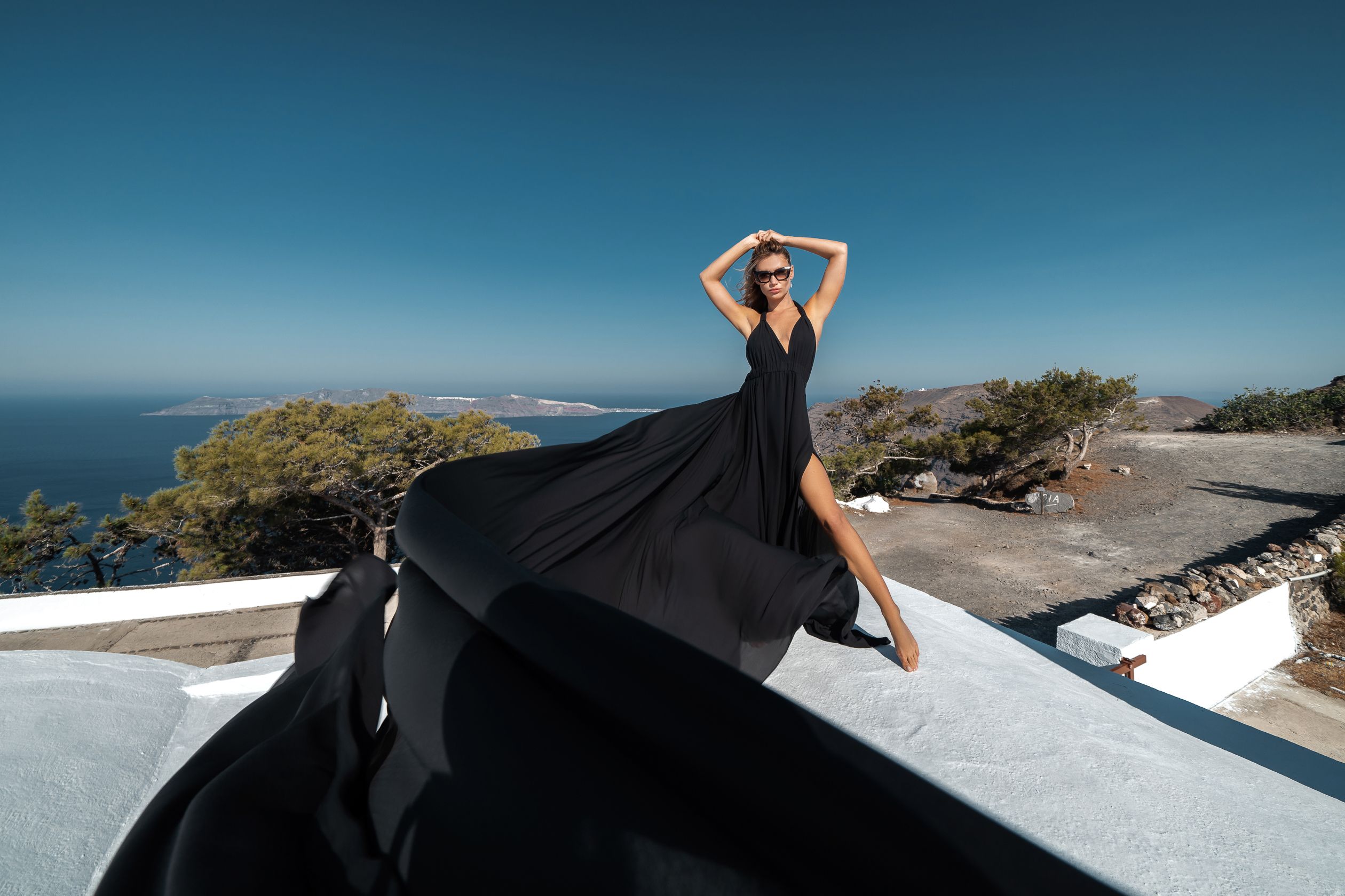 Black flying Santorini dress photoshoot