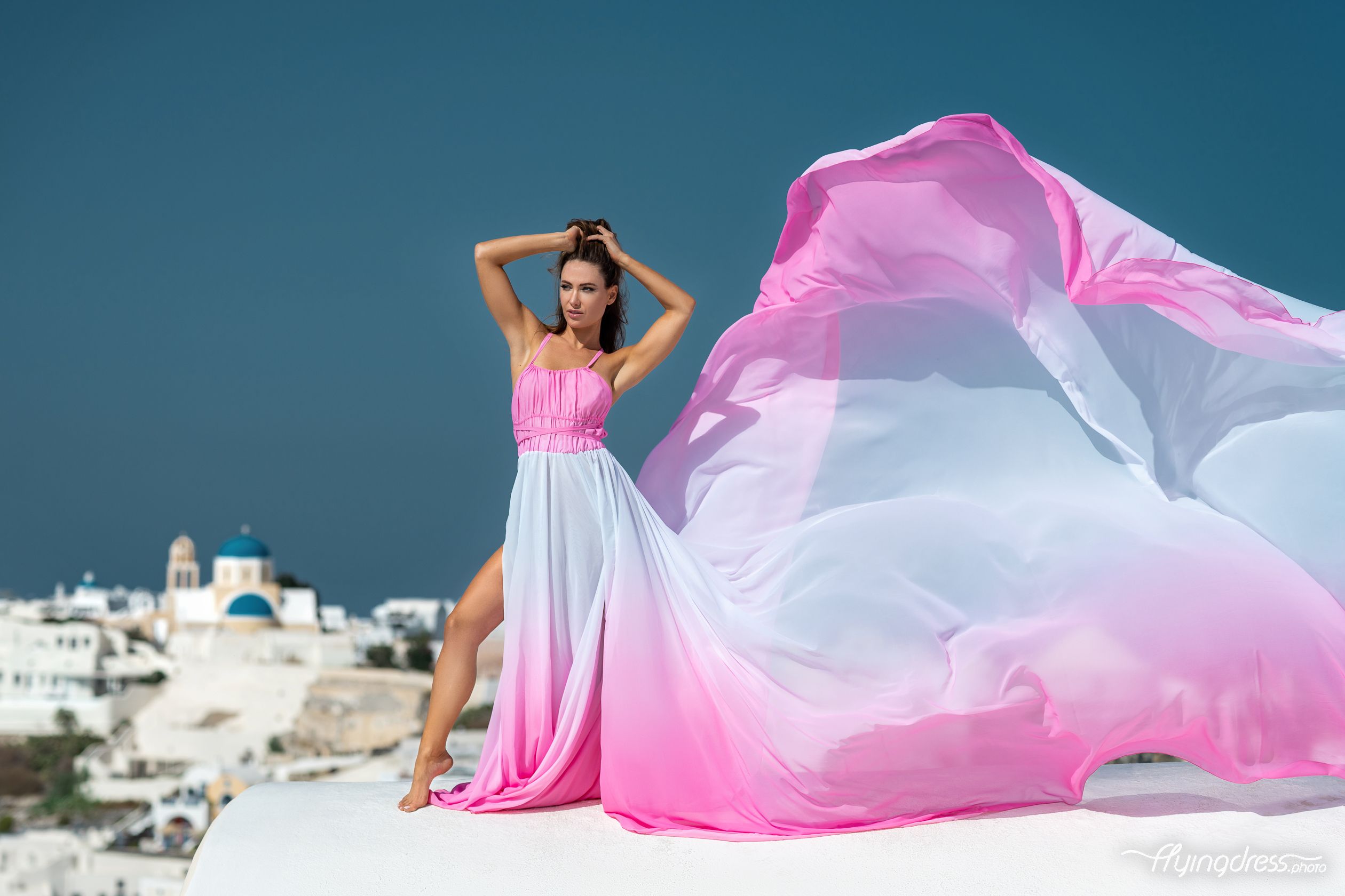 Pink Santorini Dress photoshoot in Oia village