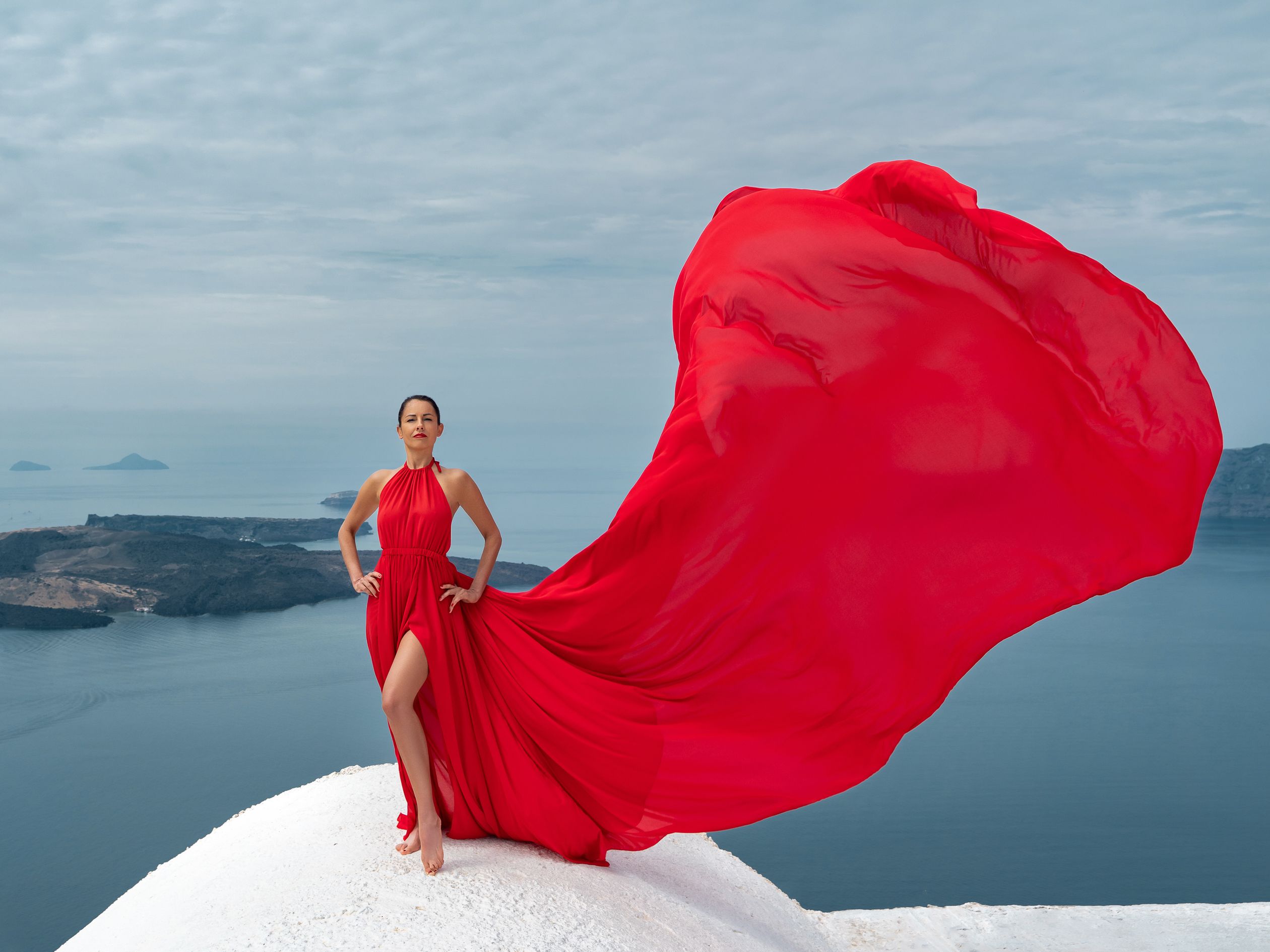 Red Flying Dress photoshoot in Santorini, Greece