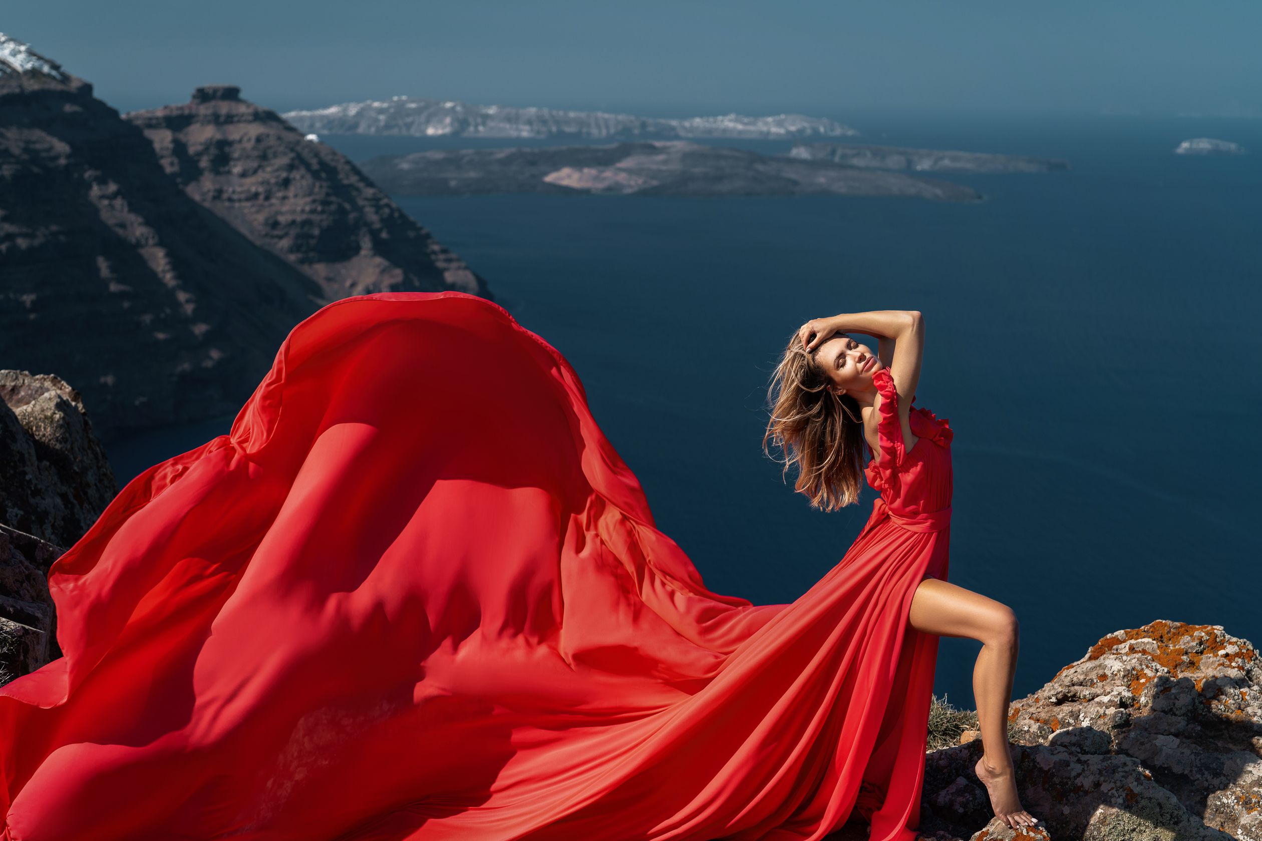 Red Santorini flying dress photoshoot