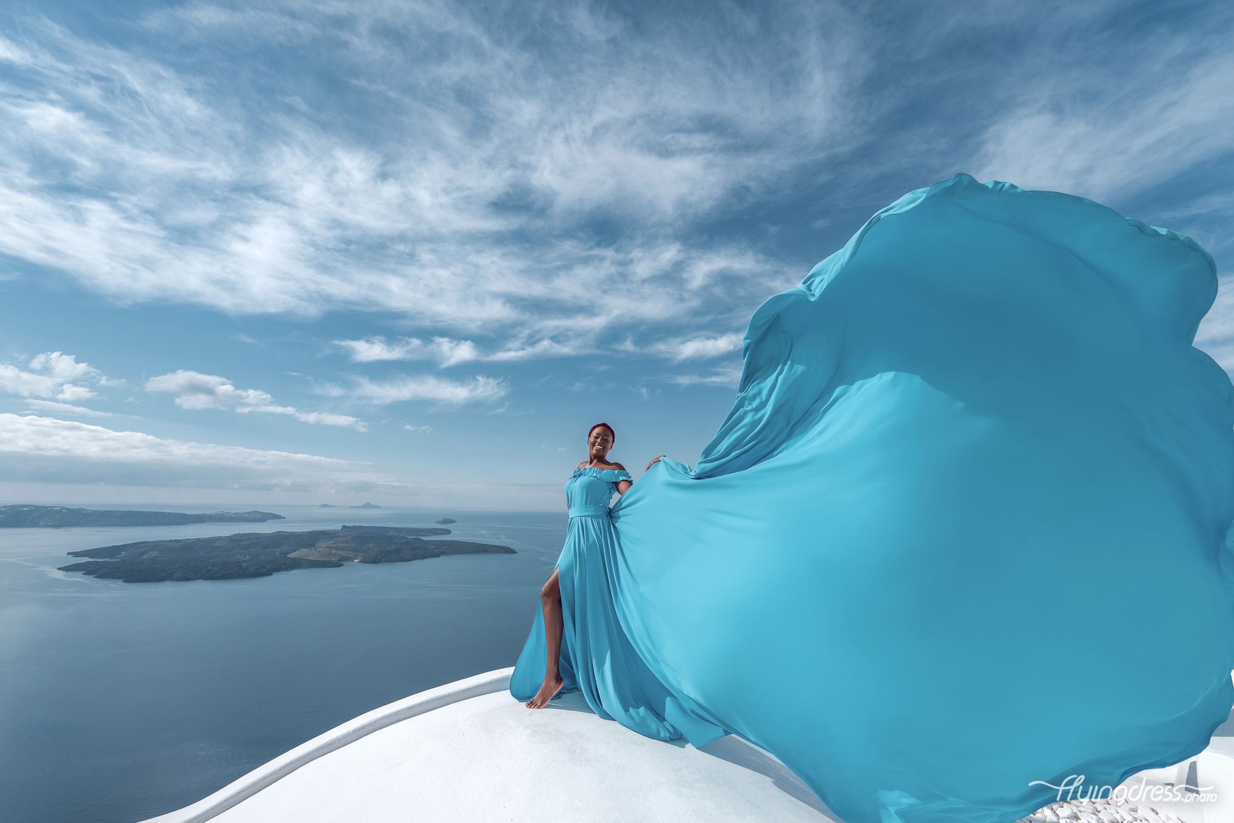 Light blue Santorini flying dress photoshoot