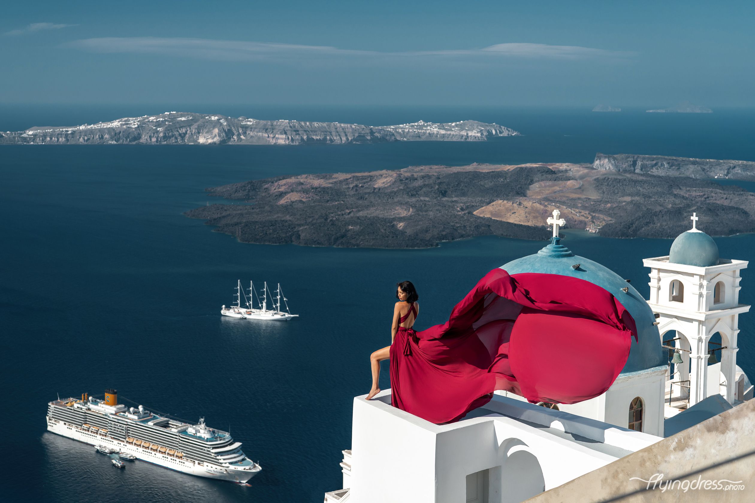 Eva Fouska photoshoot with a Flying Santorini Dress in Imerovigli, Greece