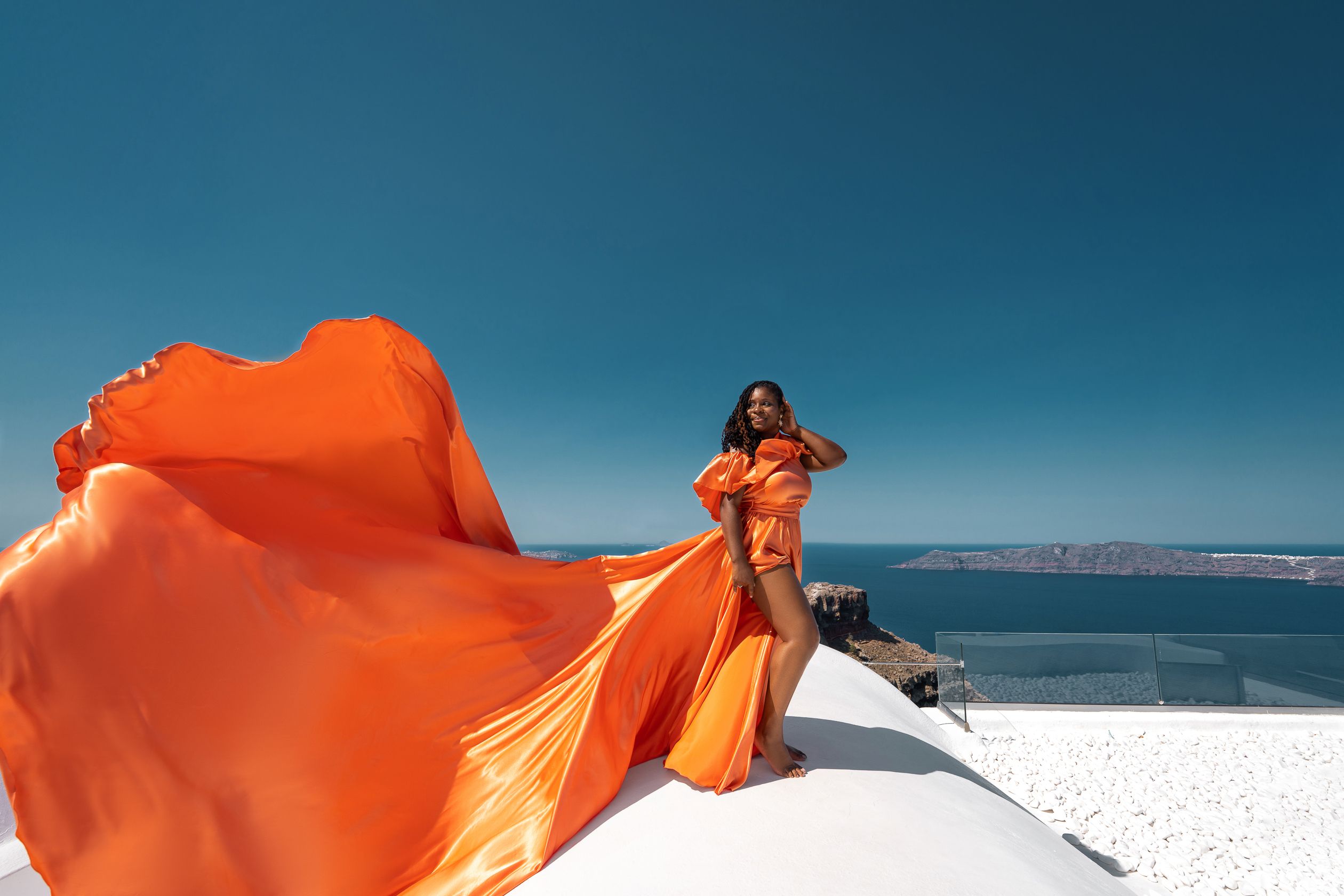 Orange Santorini dress photoshoot