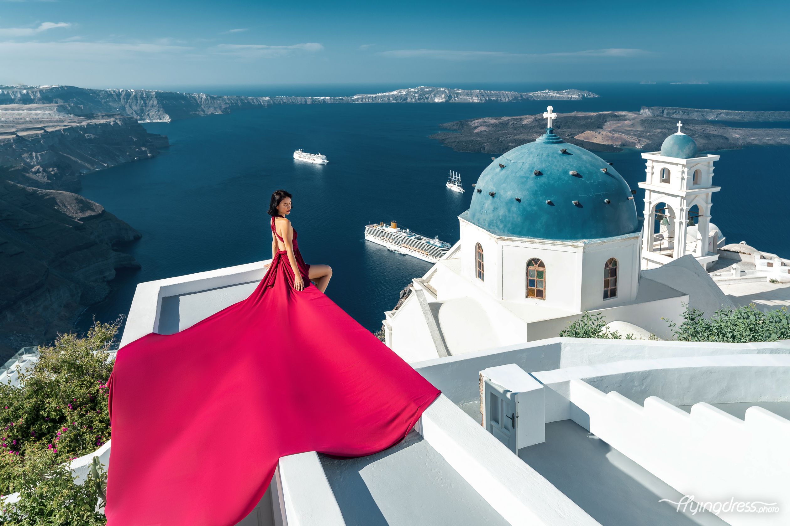 Santorini flying dress photoshoot at Imervillas in Imerovigli