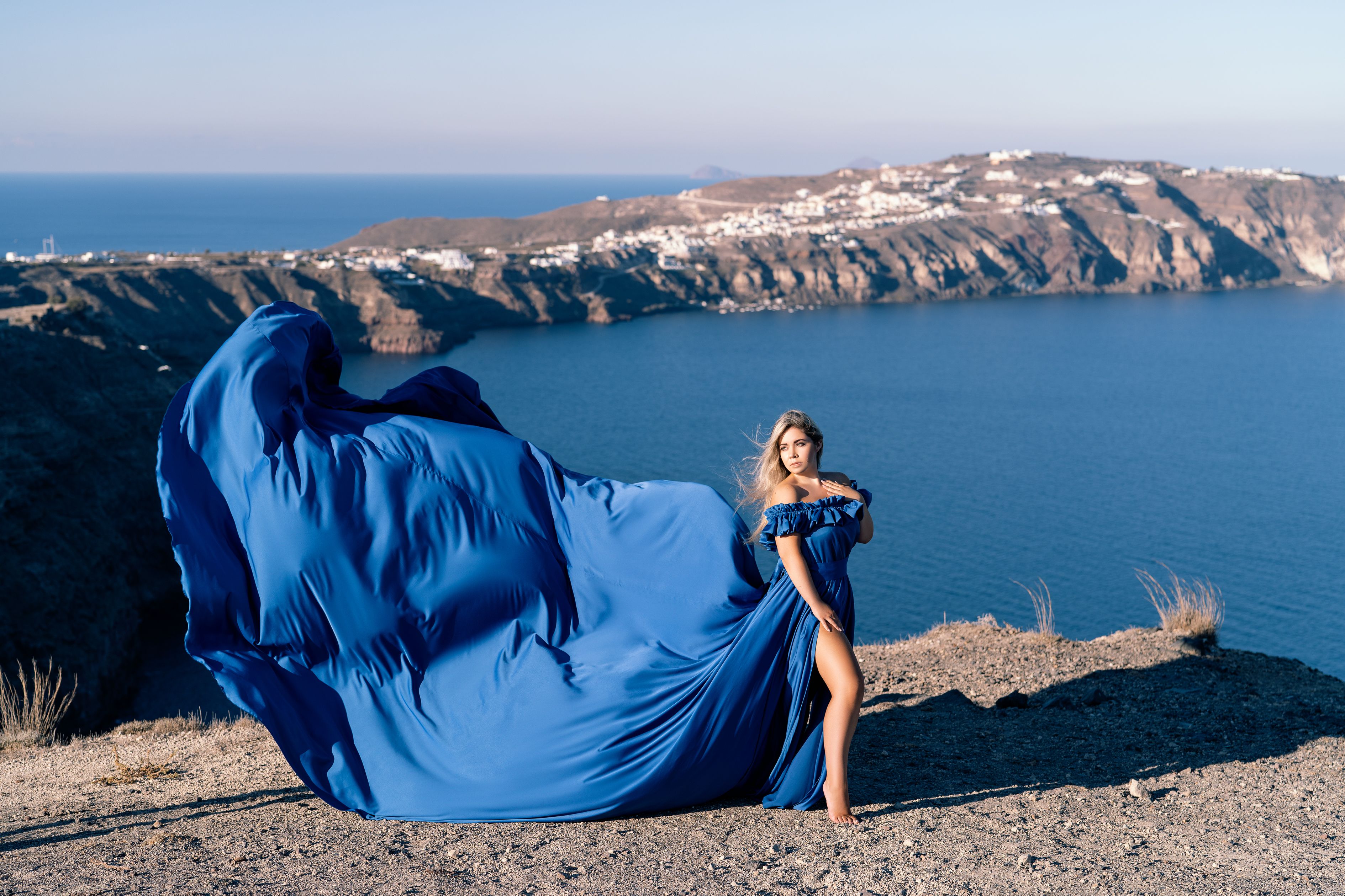 Photoshoot in Megalochori with a royal blue Flying Santorini dress