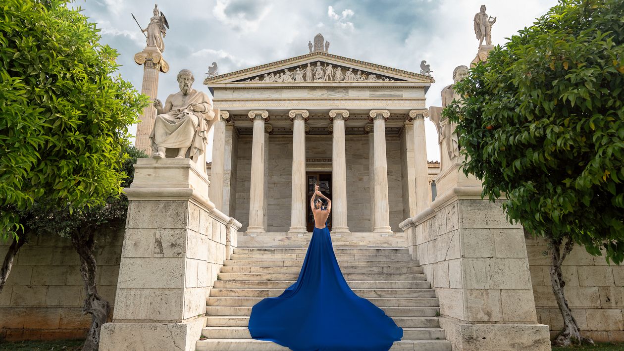 National University of Athens - photoshoot with a royal blue flying dress