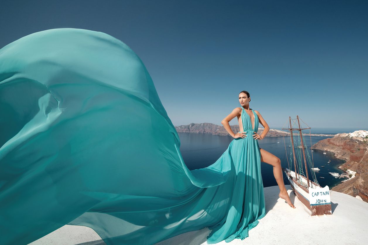 Tiffany blue Santorini dress shoot in Oia village