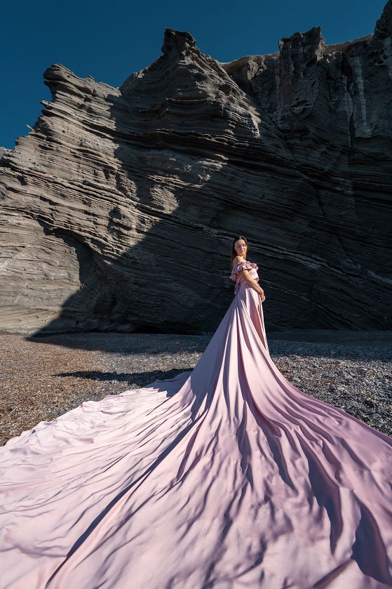 Light pink flying Santorini dress shoot