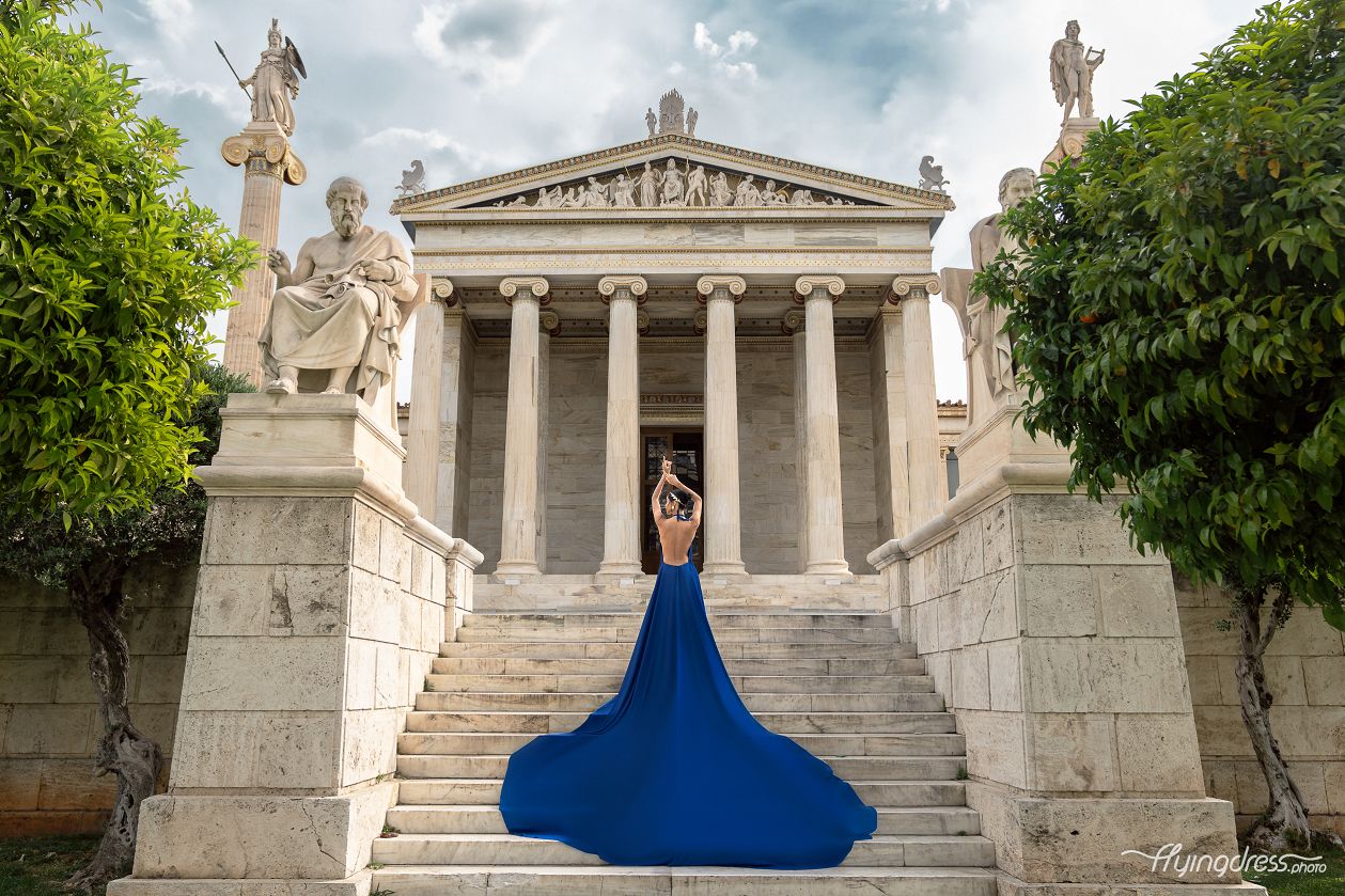 Photoshoot with a flowy blue dress in Athens, Greece