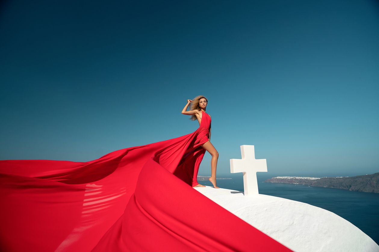 Red Santorini flying dress shoot