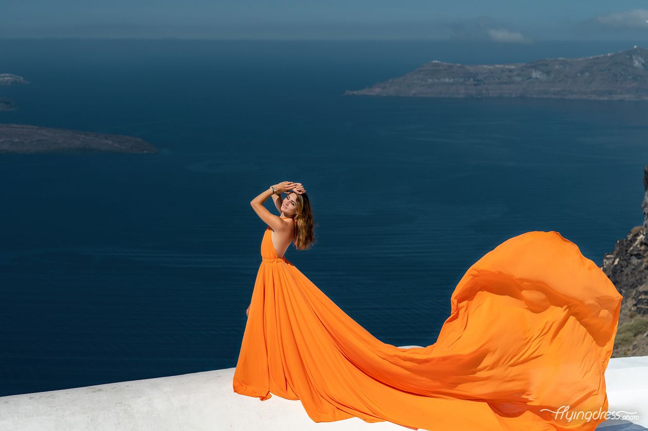 Flying Santorini Dress photoshoot in Imerovigli, Greece