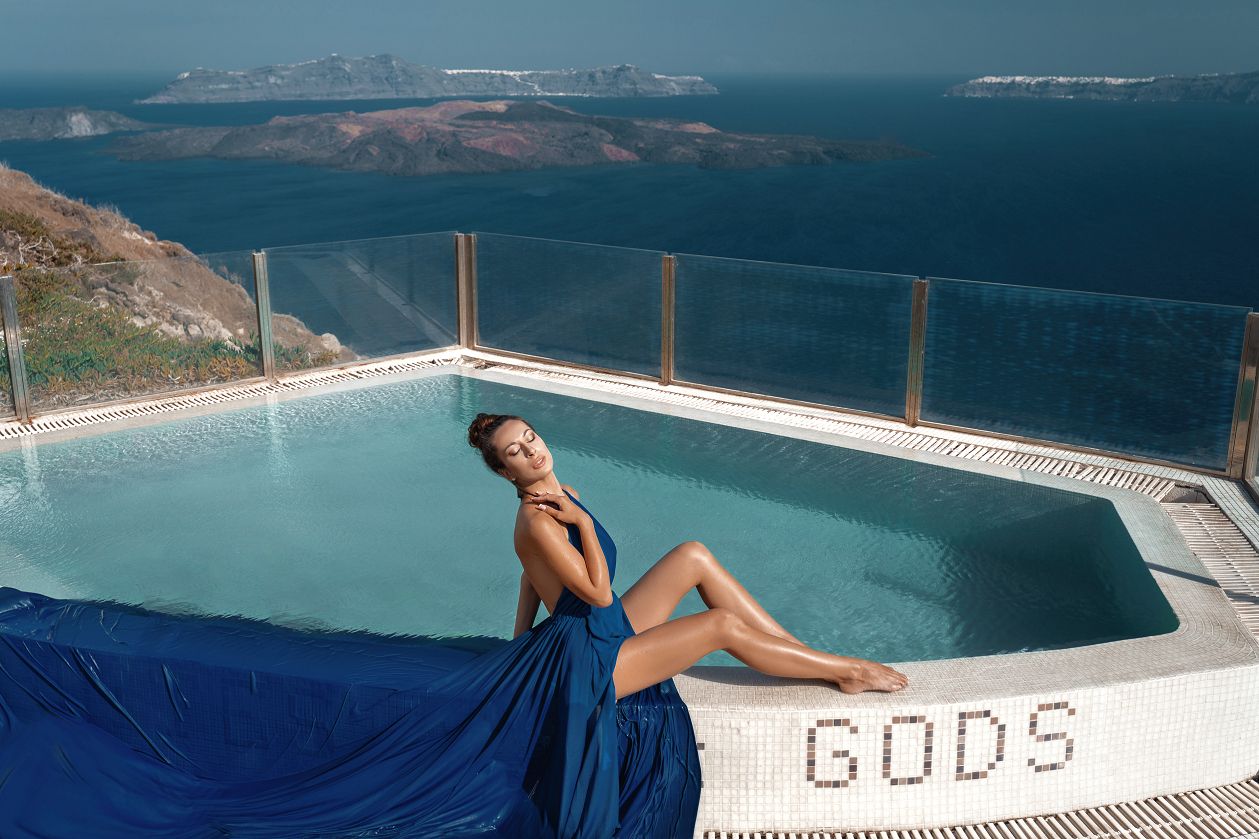 Santorini flying dress photoshoot by the pool