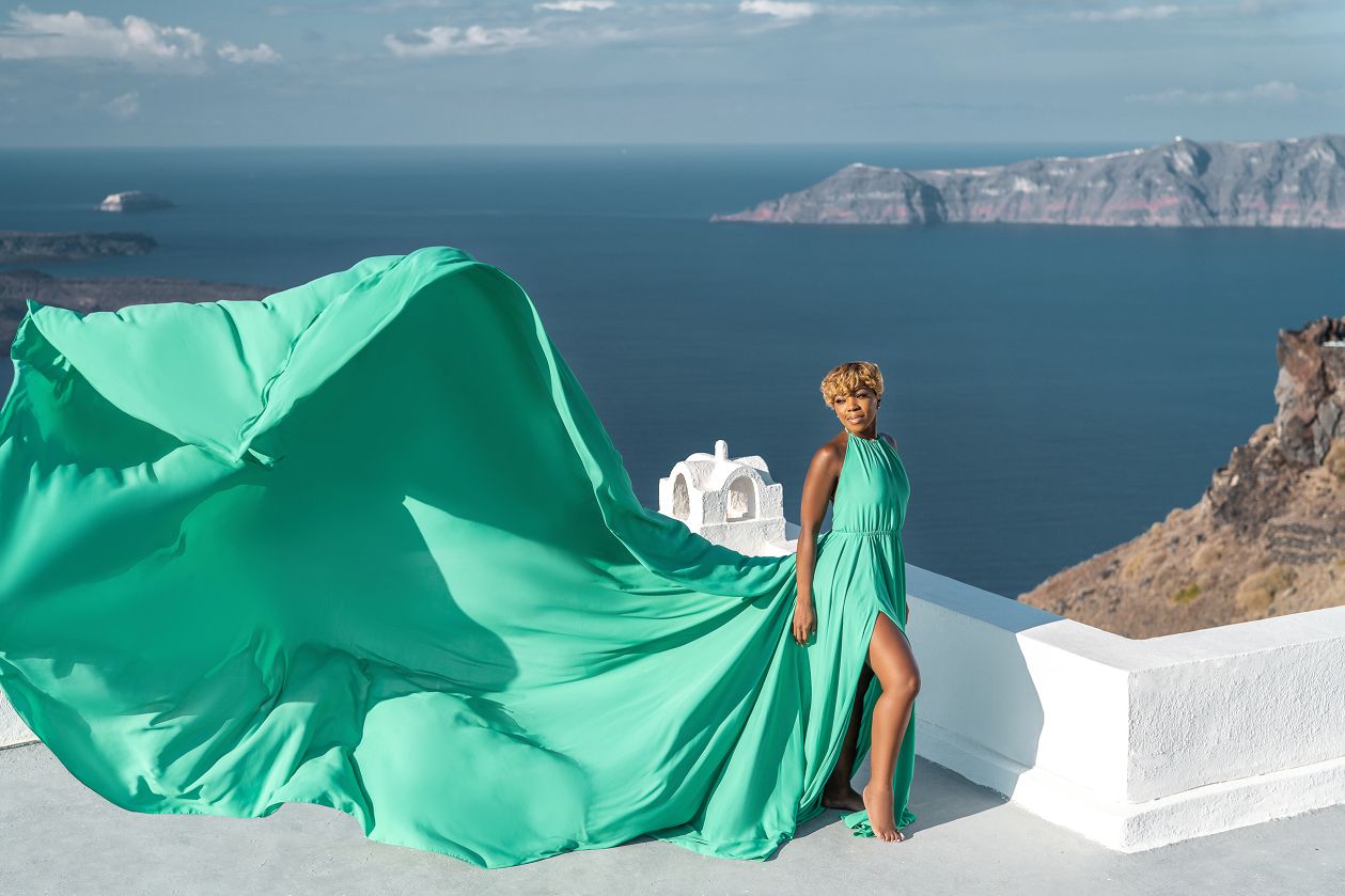 Santorini flying dress photoshoot