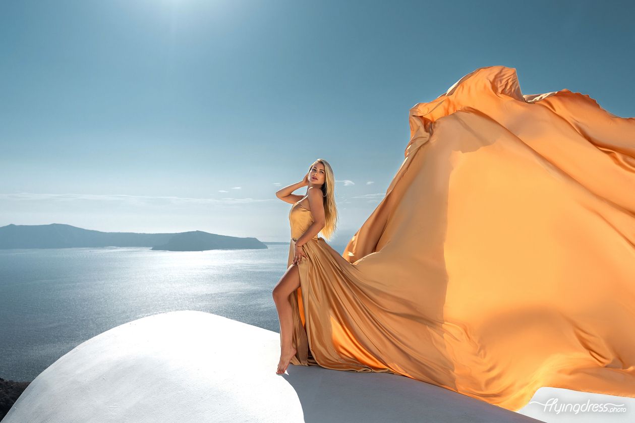 Santorini gold flying dress photoshoot