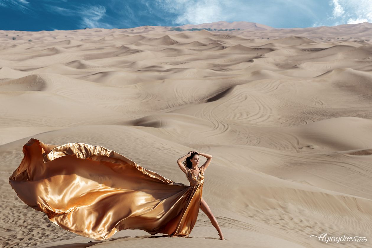 Bathed in the warm glow of Dubai's desert, a girl radiates opulence in a shimmering gold dress, her silhouette gracefully lifted by the wind, creating a timeless moment of elegance amid the breathtaking expanse of golden sands.