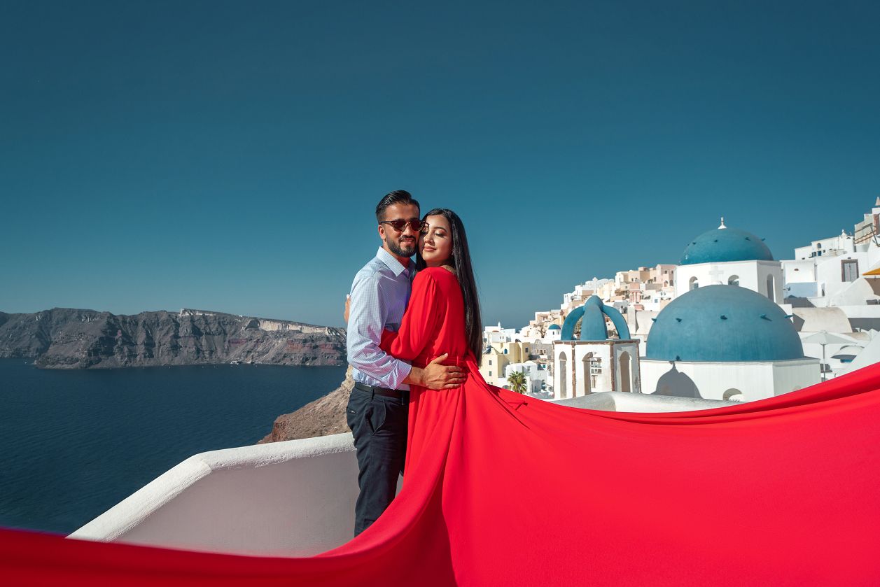 Red long sleeve flying dress in Santorini