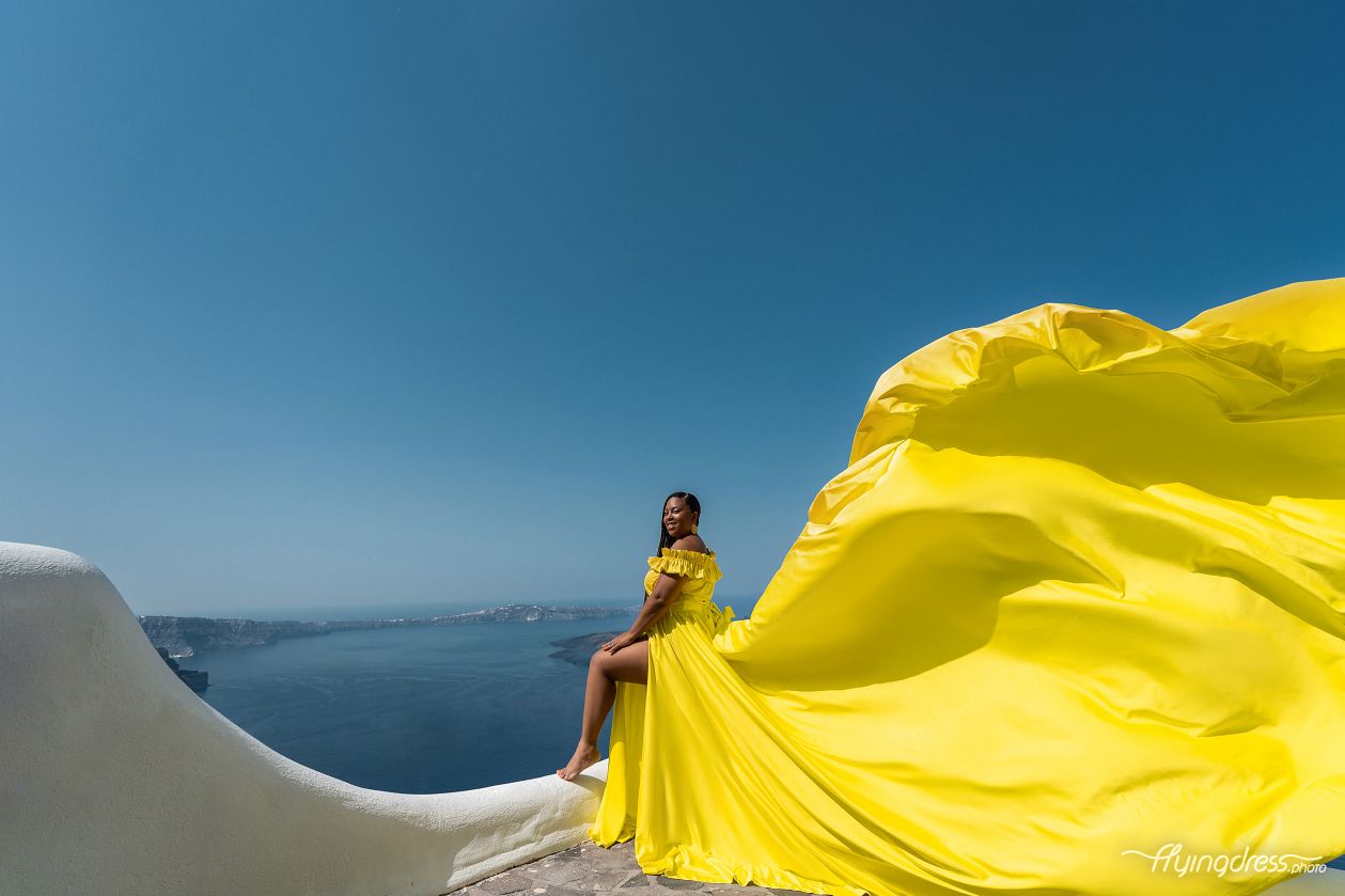 Santorini neon yellow flying dress photoshoot