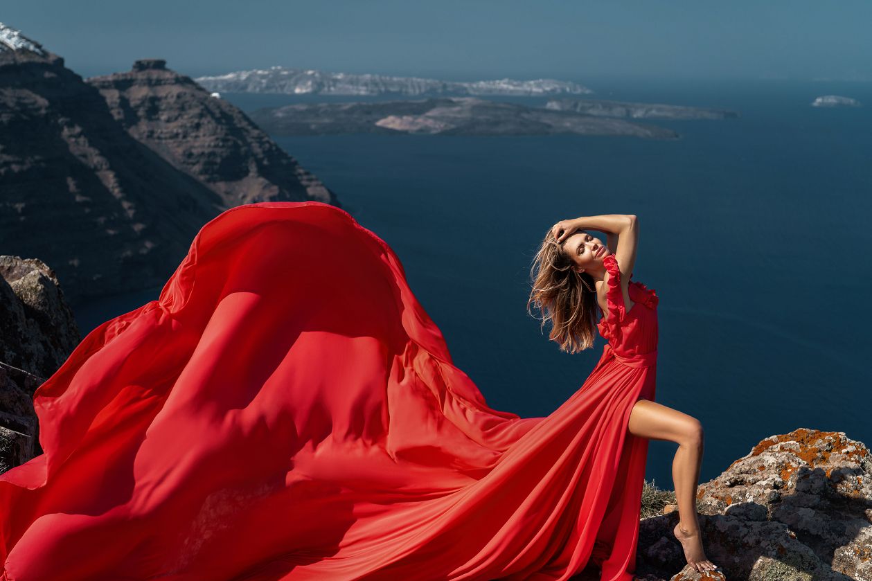 Red Santorini flying dress photoshoot