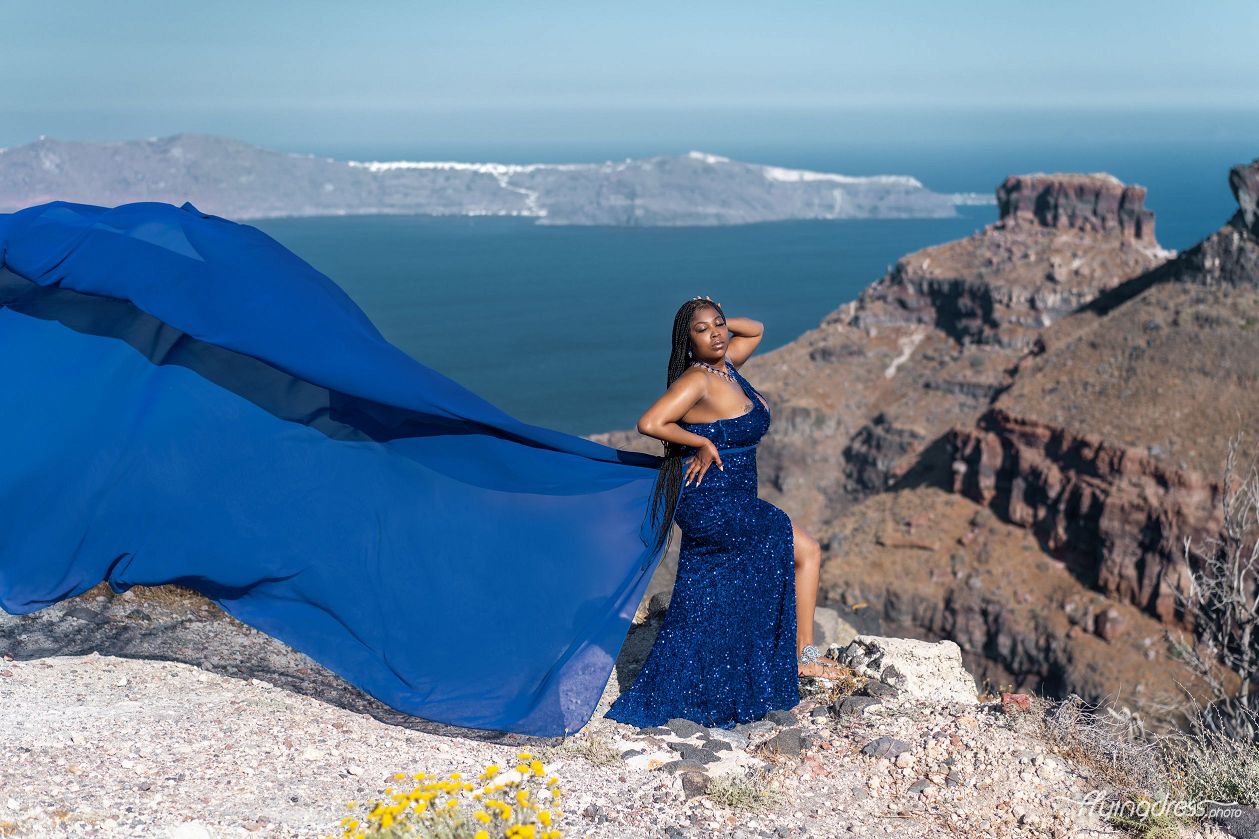 Blue flying skirt photoshoot in Santorini