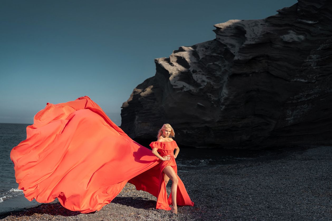 Santorini dress photoshoot at the black beach