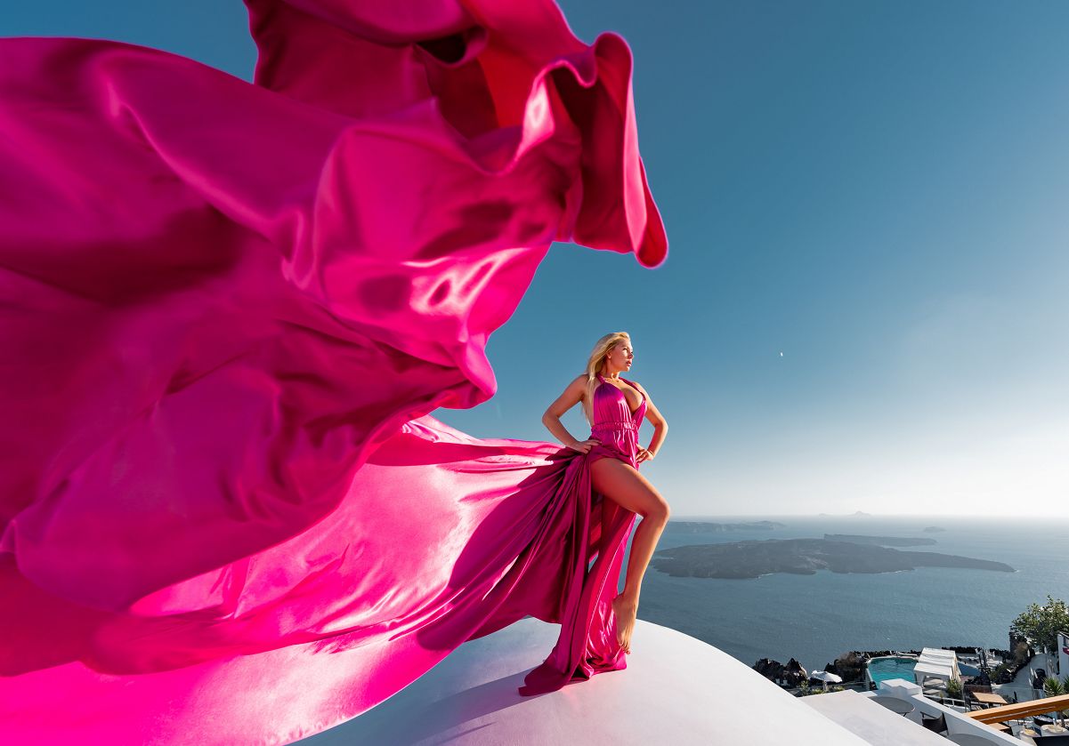 Santorini dress photoshoot in Imerovigli, Greece