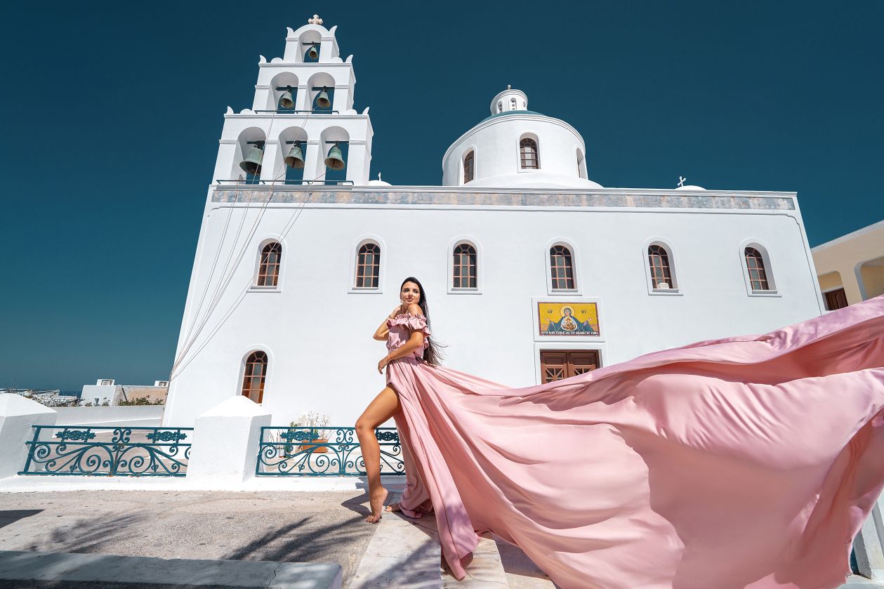 Santorini dress photoshoot in Oia village