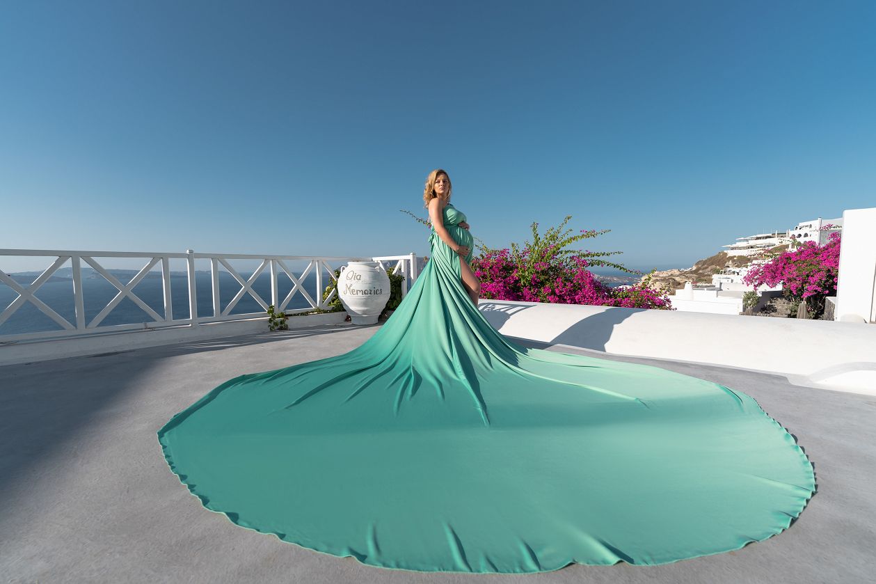 Santorini flying dress shoot in Oia village