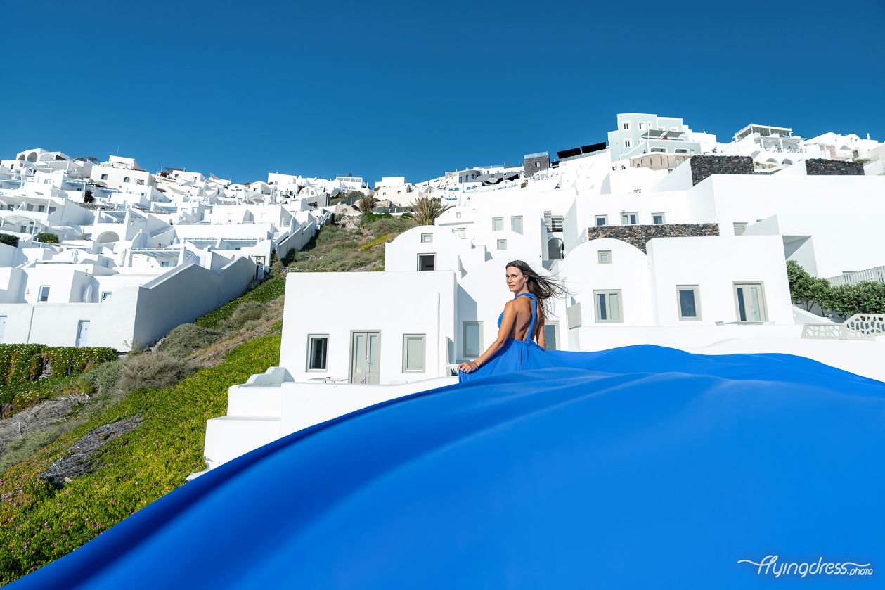 Flying dress photoshoot in Santorini with Captain Kate from Celebrity Beyond