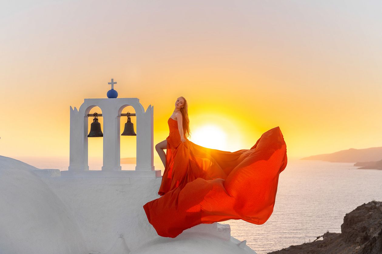Santorini dress sunset photoshoot
