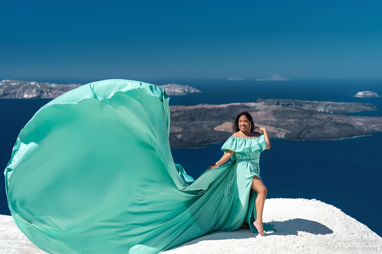 Santorini dress photoshoot with volcano view