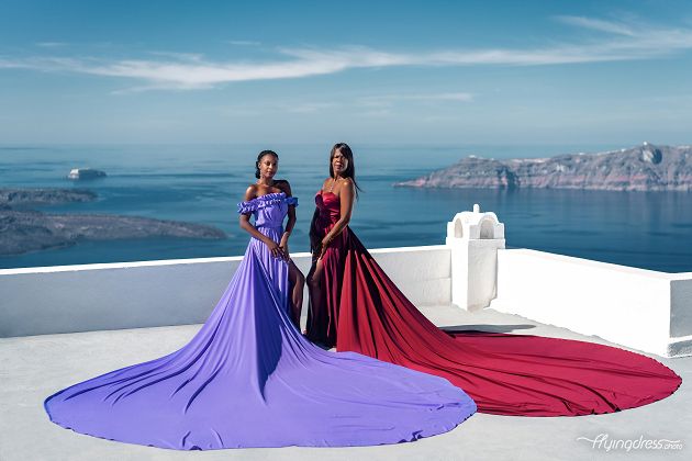 Mother & Daughter flying dress photoshoot in Santorini