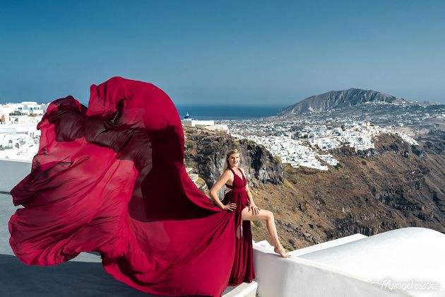 Bordeaux flying dress photoshoot in Santorini