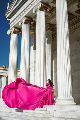 Flying dress photoshoot at the Academy of Athens, Greece