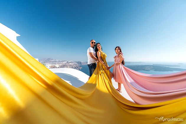 Flying Santorini dress photoshoot