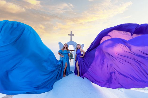 Blue and purple flying Santorini dress group photoshoot