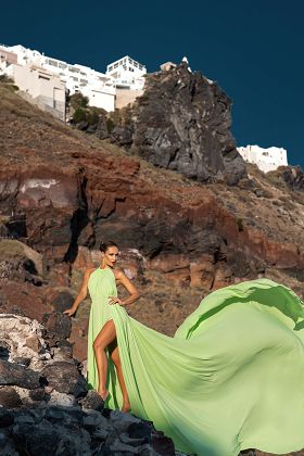 Light green Santorini flying dress photoshoot