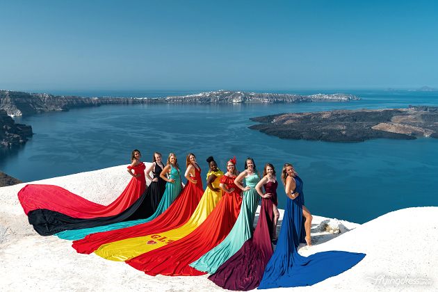 Flying Santorini dress photoshoot