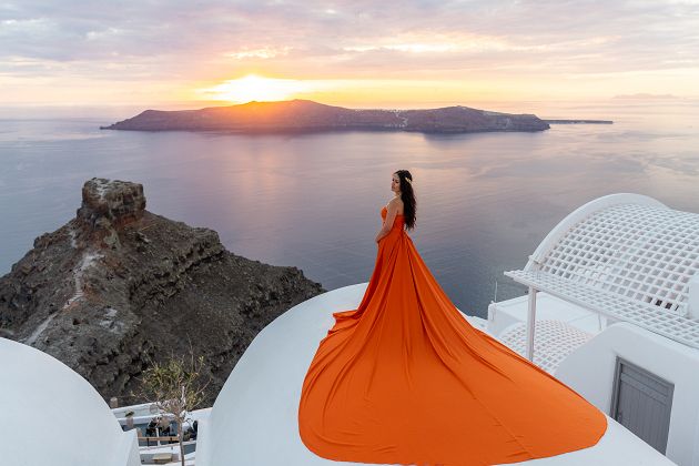 Sunset flying Santorini dress photoshoot