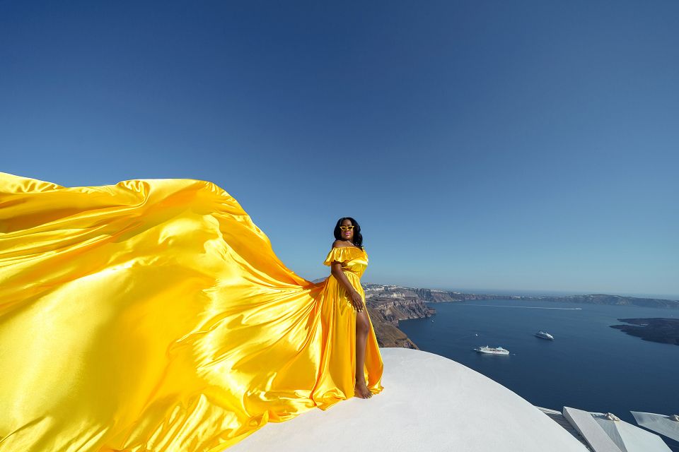 Flying dress shoot in Santorini