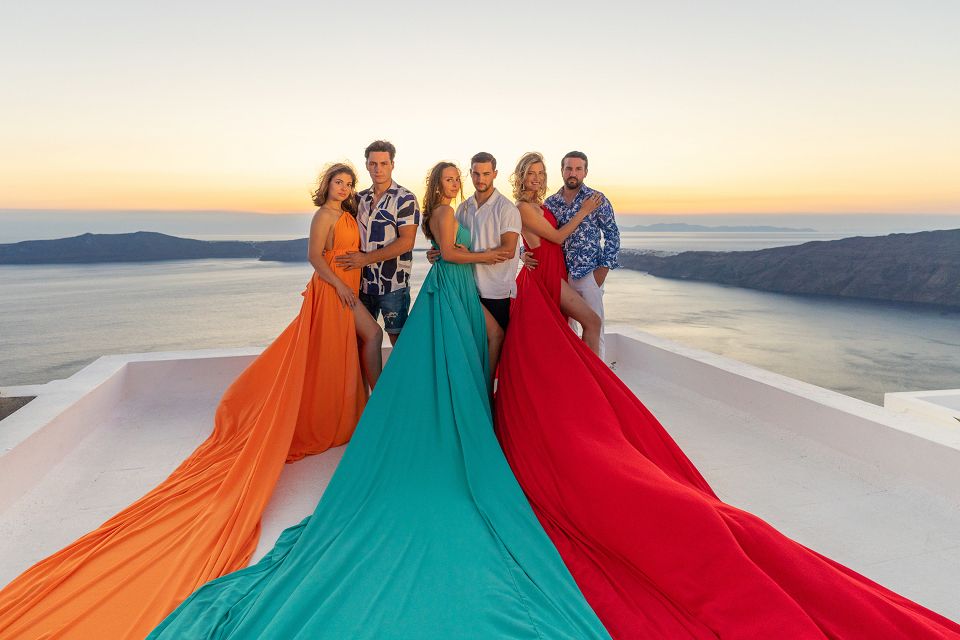 Group sunset Santorini dress photoshoot