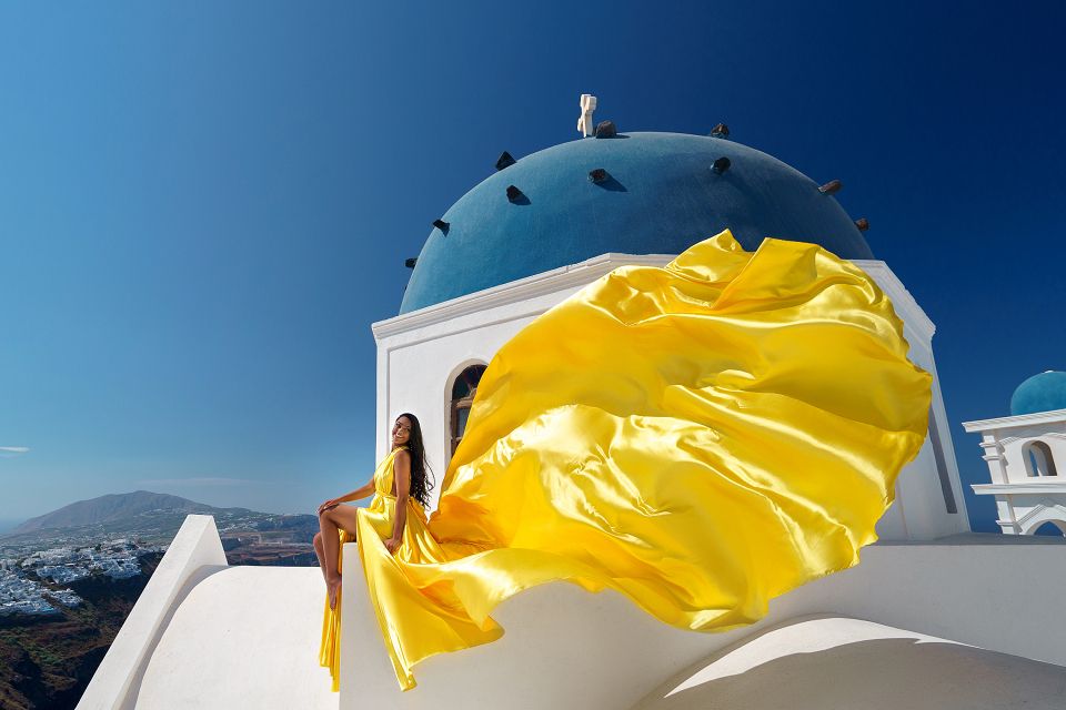 Blue dome yellow Santorini dress shoot