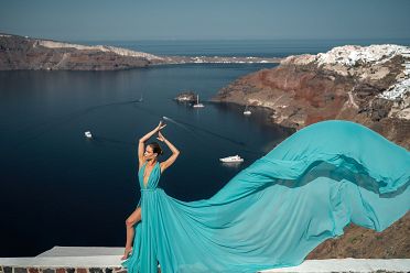 Flying Tiffany blue Santorini dress shoot