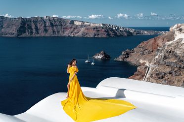 Oia, yellow flying dress shoot